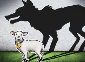 Cartoon of lamb with libra currency medal around neck and large shadow of wolf behind it