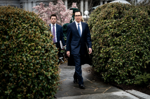 Treasury secretary Steve Mnuchin walks through two large green hedges